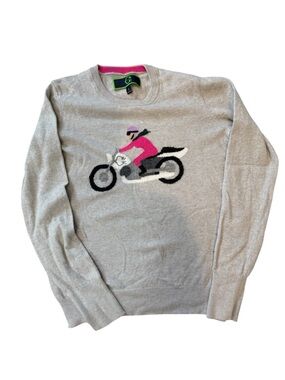 Light Gray Crewneck Sweater with Pink Motorcycle Intarsia - Unbranded